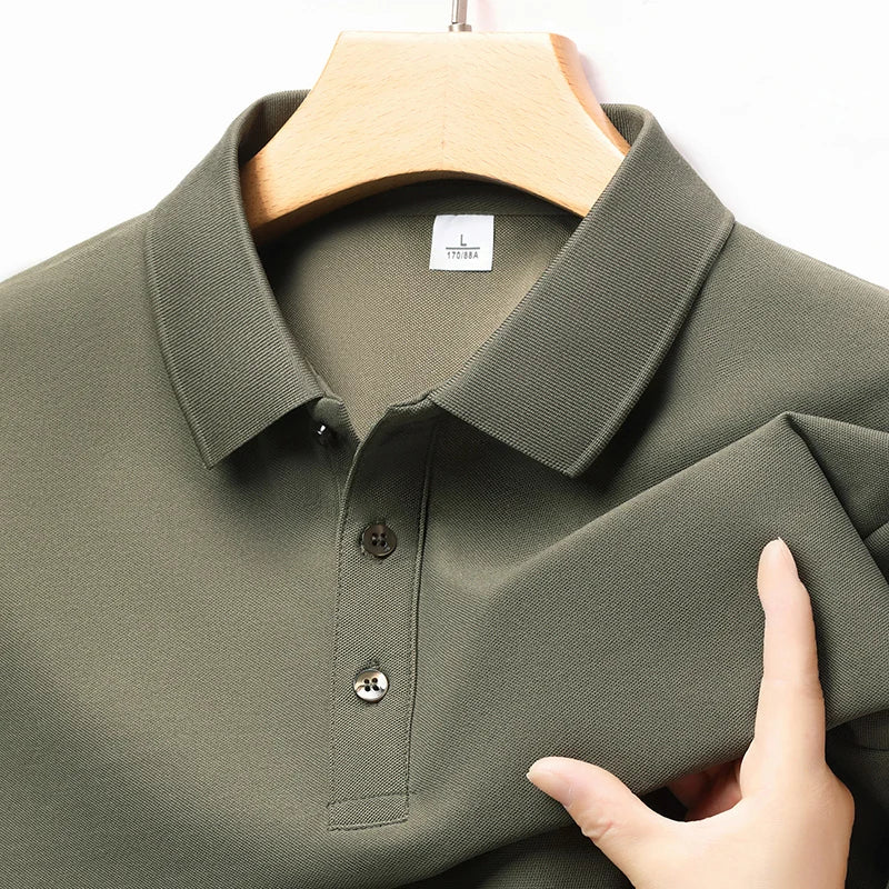 Autumn new men's long sleeved cotton polo shirt, middle-aged business, comfortable, solid color, loose men's lapel T-shirt