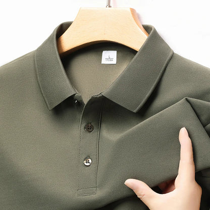 Autumn new men's long sleeved cotton polo shirt, middle-aged business, comfortable, solid color, loose men's lapel T-shirt
