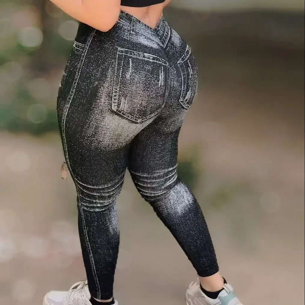 Women V Back Gym Leggings Faux Denim Jeans  Athletic Workout Leggins Elastic Seamless Training Yoga Pants Sports Fitness Tights