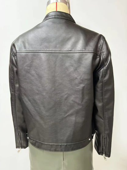 Black Women's Fitted Leather Jacket with Front Zipper & Side Pockets‌, Available in Brown, Navy Blue, and Beige.