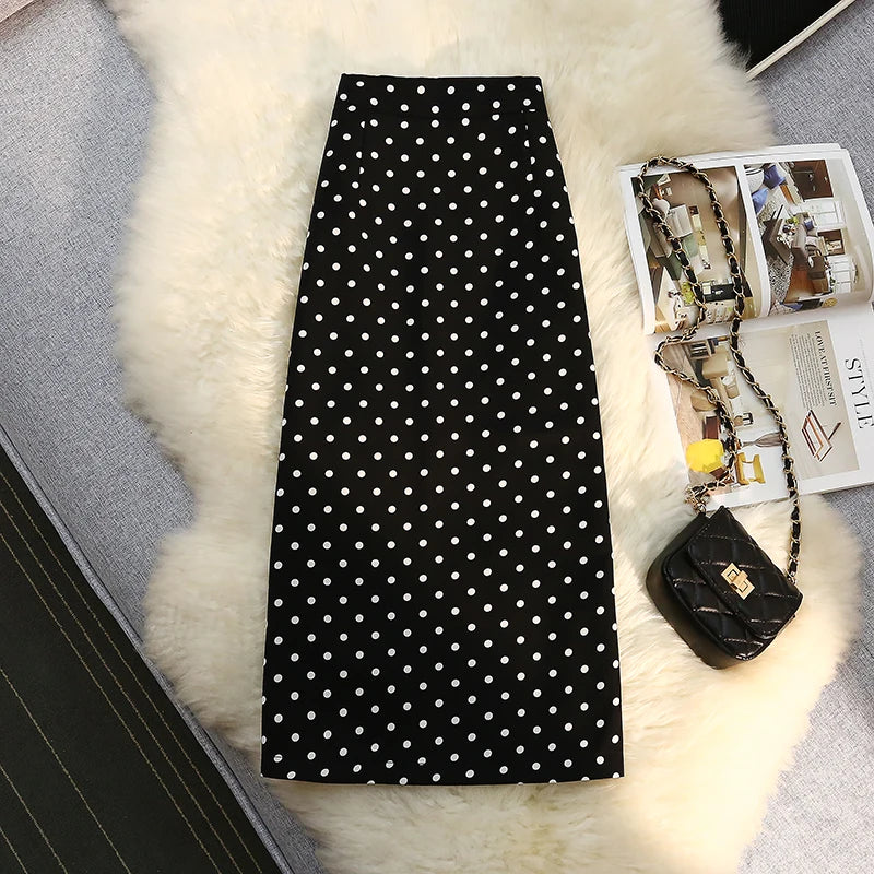 Seoulish Back Split Polka Dot Vintage Women's Skirts Elastic High Waist  Elegant Office Lady Midi A-Line Skirt Female 2026 New