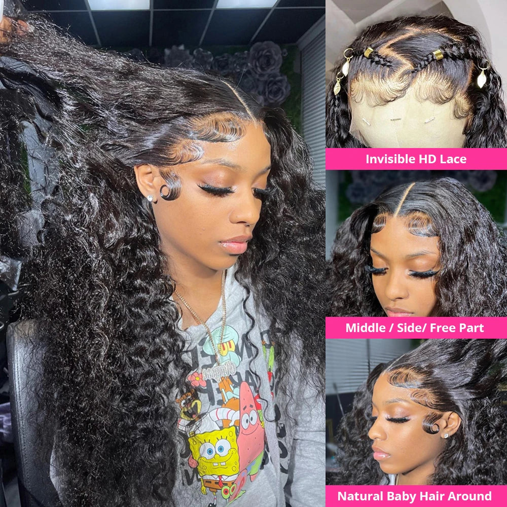 CEXXY 300% High Density Deep Wave 13x6 HD Lace Frontal Wig Brazilian Curly Water Wave Lace Frontal Wigs 36 Inches For Women