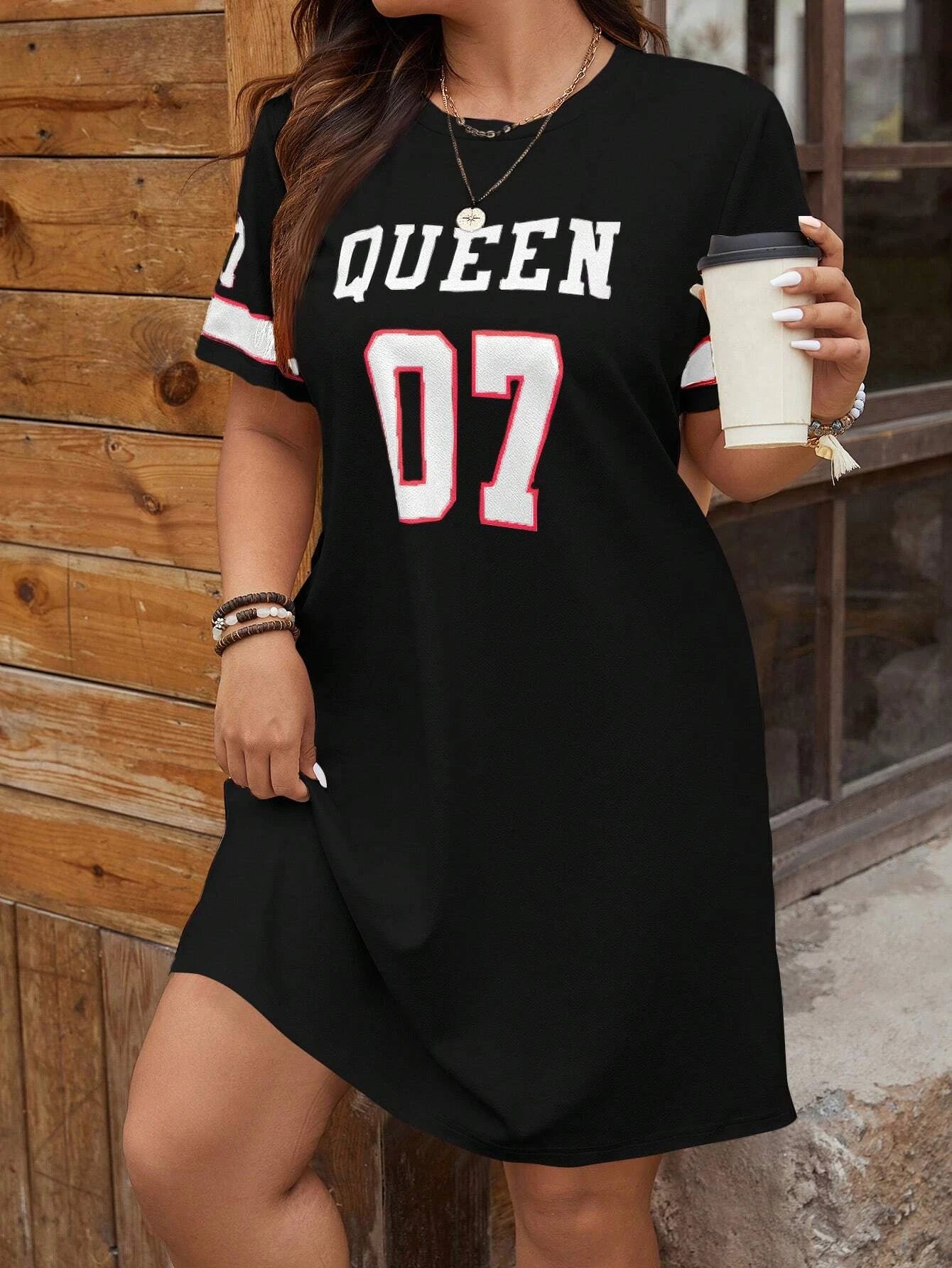 Plus Size Women's Summer Music Festival Pattern Sporty Casual Letter Print Fashionable 07 Printed Jersey Tenniscore Dress