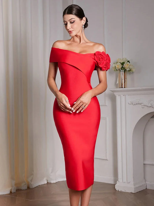 2026 Sexy Off The Shoulder Flower Patchwork Bandage Dress Women Red Florals Bodycon Midi Dresses Evening Party Gowns