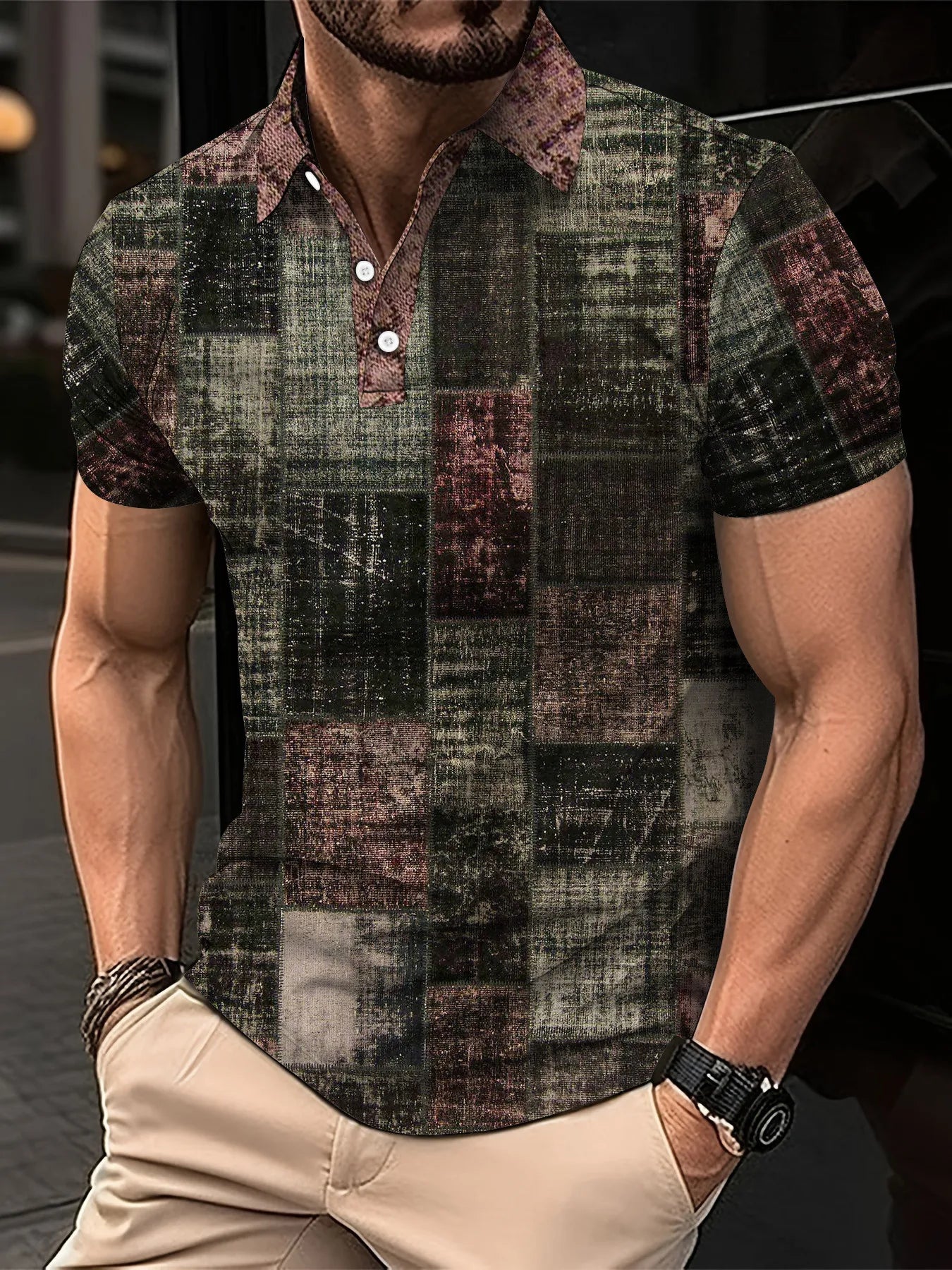 Fashion Elegant Harajuku Slim Fit Ropa Hombre Loose Casual All Match Lattice Men's POLO Shirt Printed Button Short Sleeve Tops