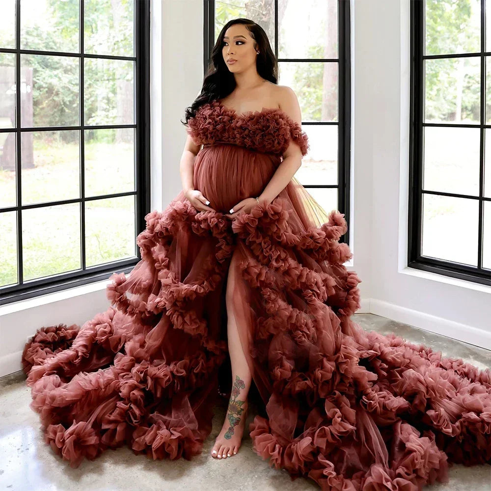 Maternity Dresses Customized Photoshoot Tiered Ruffles Pregnant Women Gowns Baby Shower Off Shoulder Front Slit Bridal Sleepwear