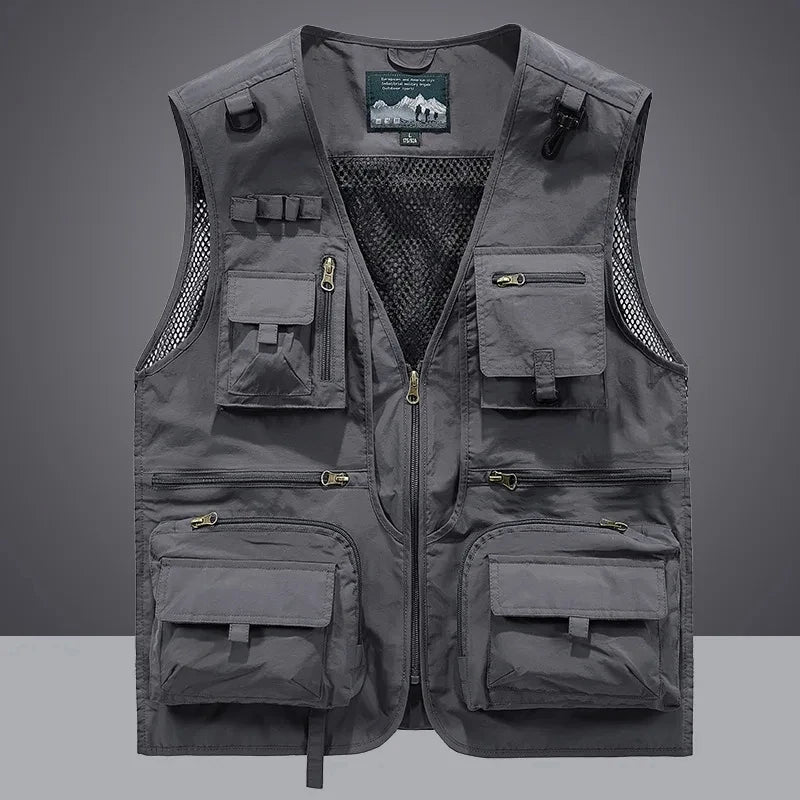 2025 New Men's Vest Tactical Webbed Gear Coat Summer Photographer Waistcoat Tool Many Pocket Mesh Work Sleeveless Jacket Male