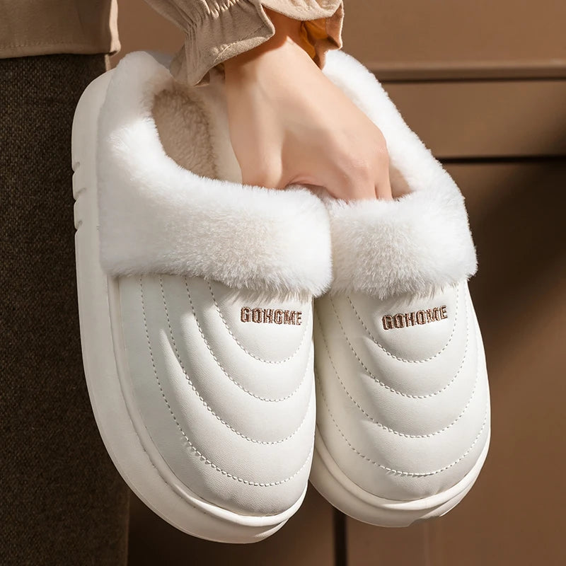 Plus Size 48-49 Waterproof Women's Home Slippers Flat Heel Non Slip Cotton Slippers Woman Faux Fur Warm Living Room Shoes Female