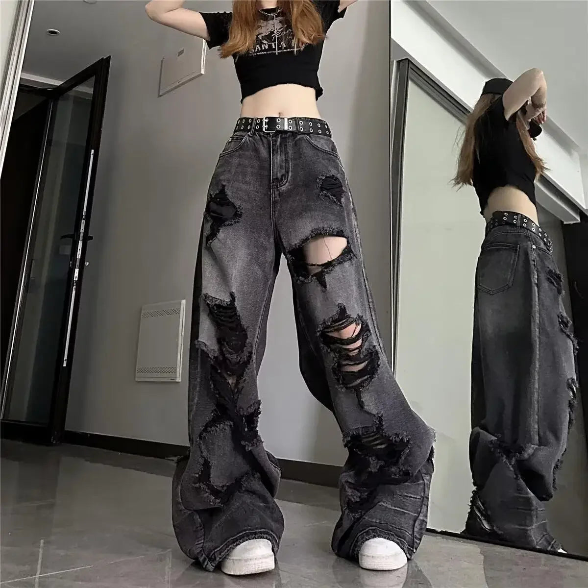 Unique Cool Ripped Jeans Women's Summer Distressed American Style Bell Bottoms Loose Fit Versatile Straight Leg Long Pants