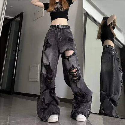 Unique Cool Ripped Jeans Women's Summer Distressed American Style Bell Bottoms Loose Fit Versatile Straight Leg Long Pants