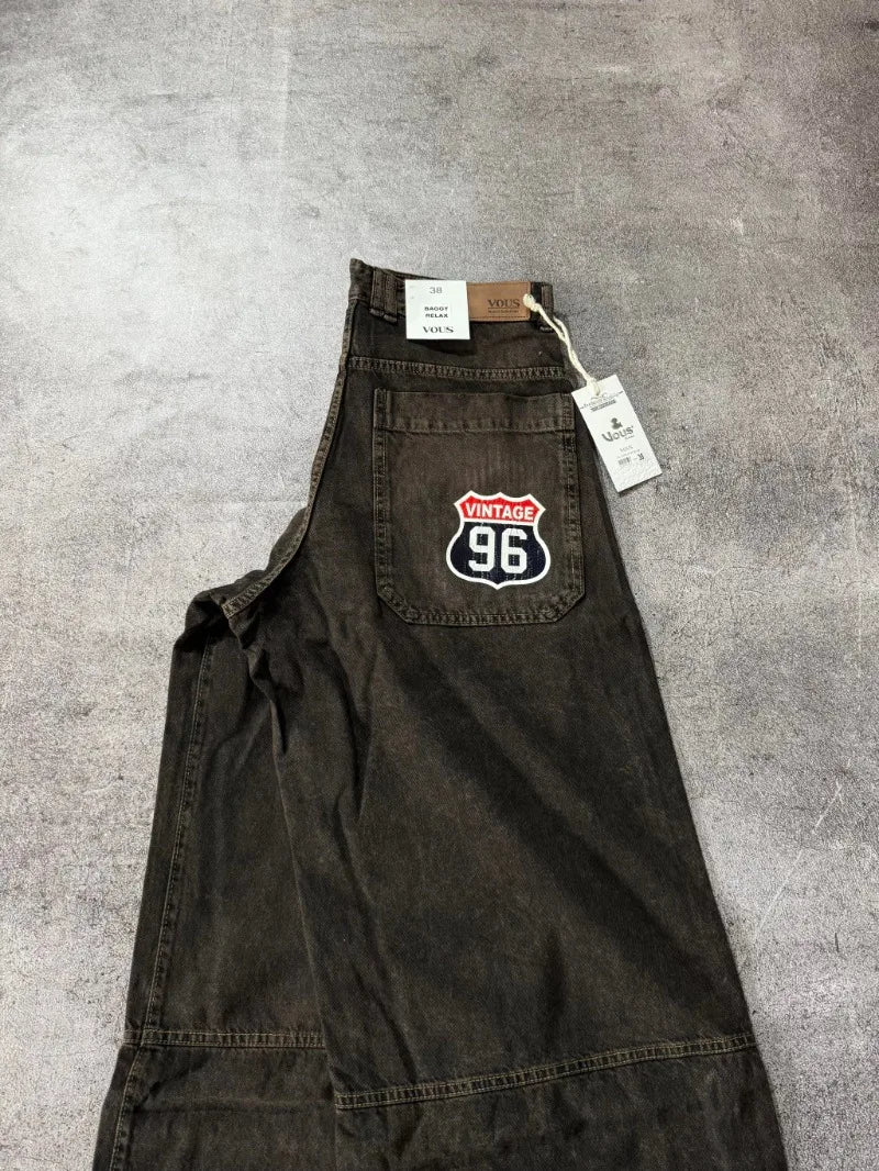 Street Vintage New Letter Embroidered Patch Yellow Washed Baggy Jeans Women Y2K Gothic Hip Hop Popular Couple Wide-leg Pants