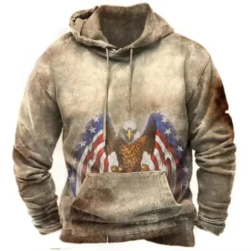 Fashionable American Flag Printed Men's Hoodie Trendy Harajuku Retro Clothing Spring and Autumn New Hoodie Sportswear