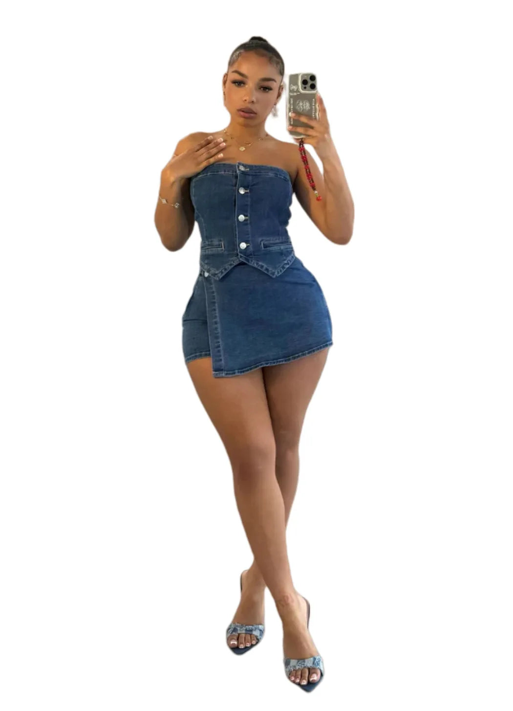 Sexy Women's Denim Suit Strapless Top And Slim-Fit Shorts Outfits Solid Color Comfortable Summer Ladies Two-Piece Set
