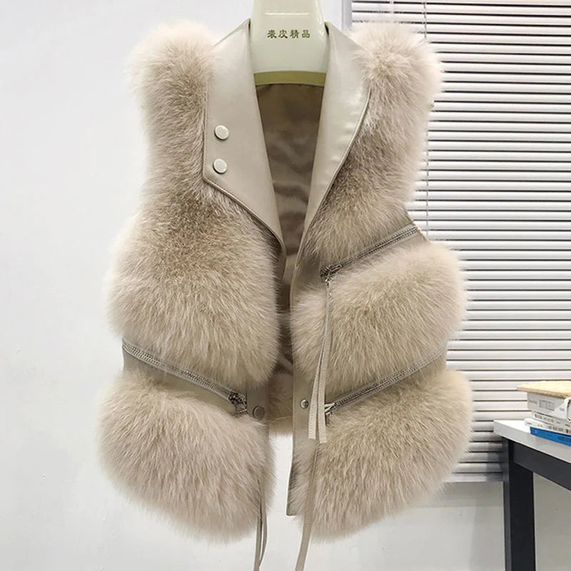 Autumn Winter Splicing Imitation Fox Fur Grass Vest Women Short Jacket 2025New Fashion Versatile Sleeveless Lady Waistcoat Coat