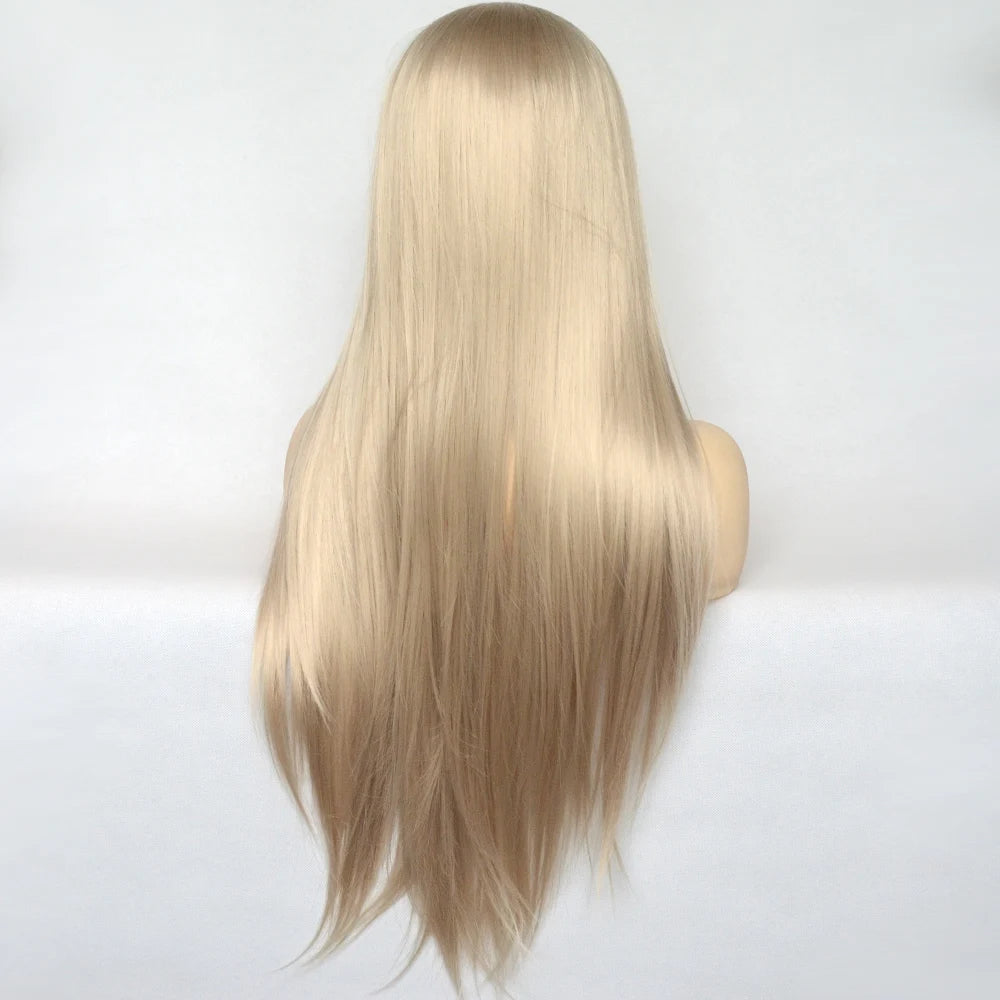 Voguequeen Platinum Blonde Synthetic Lace Front Wigs Silky Straight Heat Resistant Fiber Daily Wear For Women