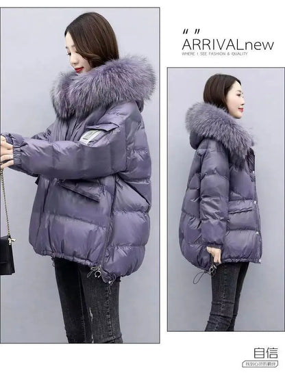 2025 Winter New Warm Down Cotton Jacket With Large Fur collar Hooded Coat Loose Women Thicken Parker Puffer Overcoat Casual wear