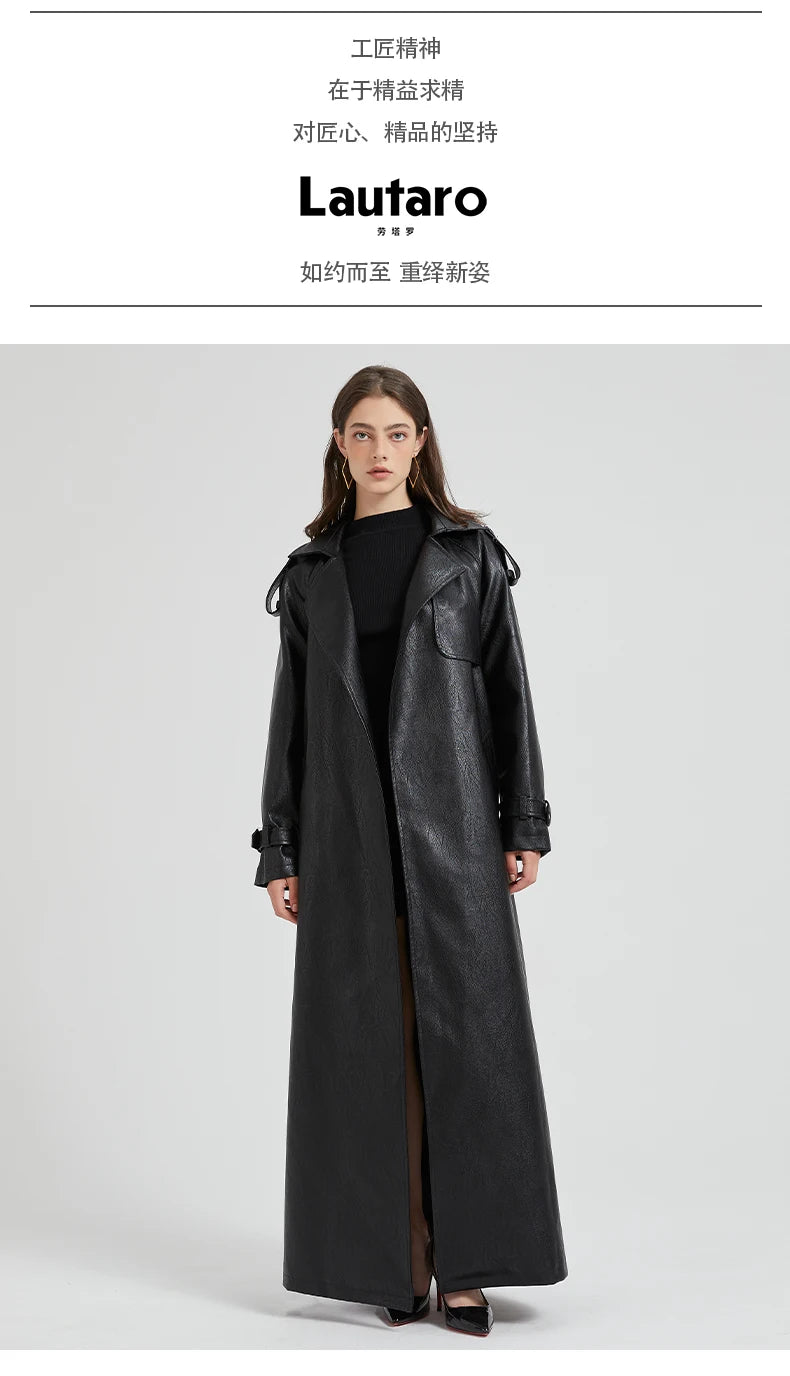 Lautaro Spring Autumn Extra Long Brown Pu Leather Trench Coat for Women Sashes Luxury Chic Overcoat Runway European Fashion 2024