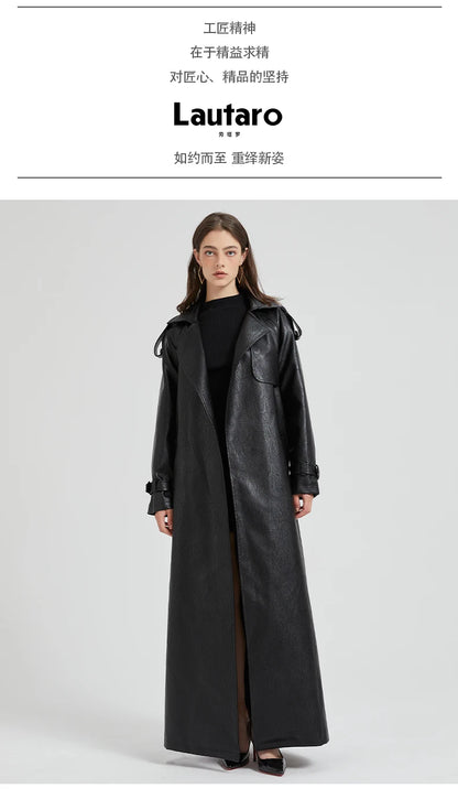 Lautaro Spring Autumn Extra Long Brown Pu Leather Trench Coat for Women Sashes Luxury Chic Overcoat Runway European Fashion 2024