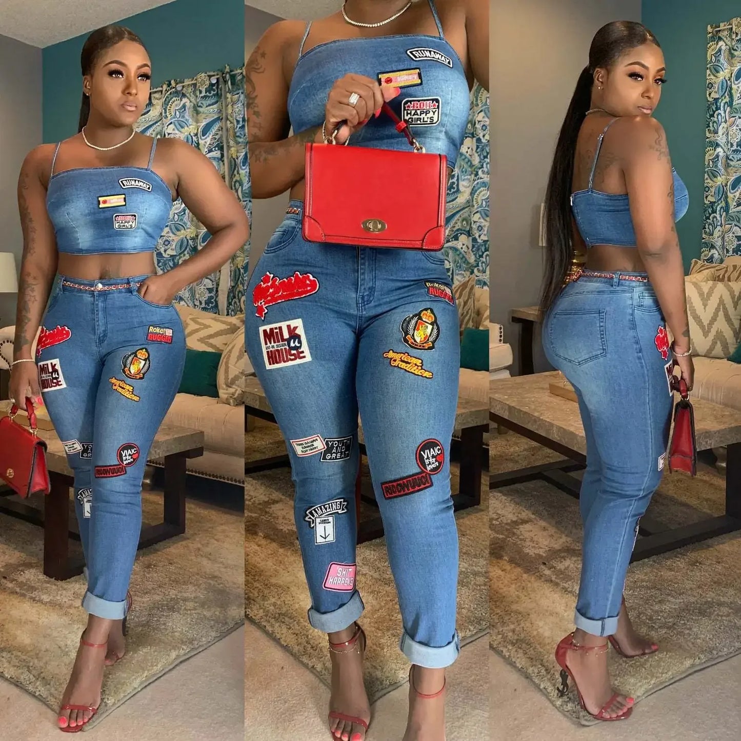 Jeans Outfits 2025 & 2026 Women Clothes Sets 2 Piece Birthday Party Club Sexy Crop Top and Pants Denim Two Piece Mathcing Set