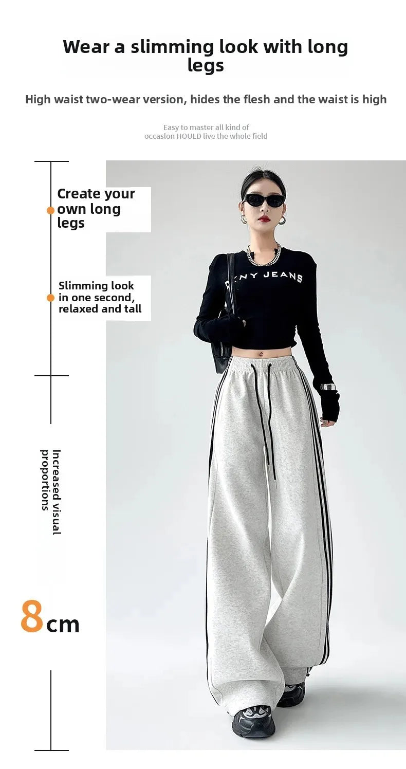 Black Striped Sports Pants Women's Spring Autumn Wide Leg Casual Loose High Waist Straight Leg Sweatpants