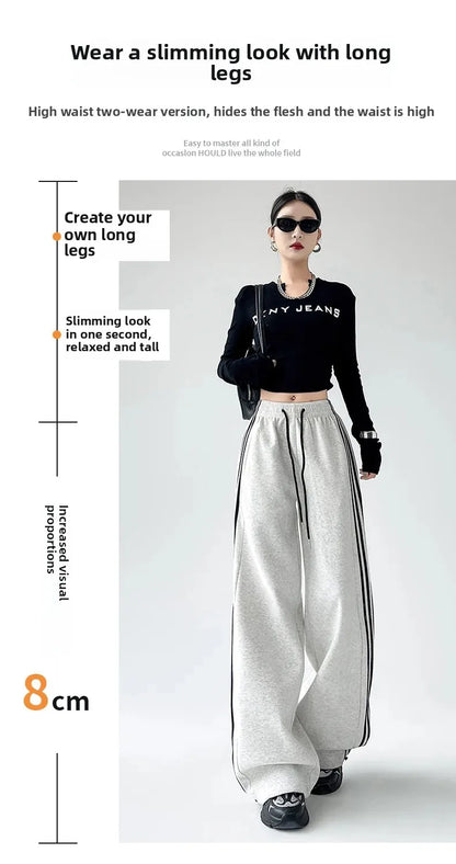 Black Striped Sports Pants Women's Spring Autumn Wide Leg Casual Loose High Waist Straight Leg Sweatpants