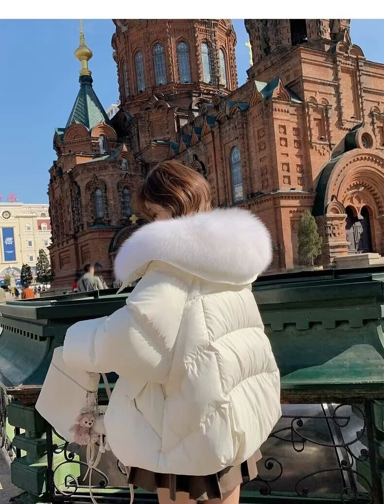 2025 Down Cotton Short Padded Jacket Women Parkas Fur Collar Autumn Winter Thick Coats Female Black Casual Outerwear Clothes