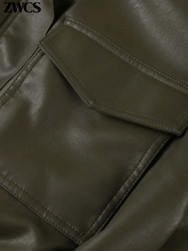 Vintage Zippers Short Leather Jackets Women's Casual Lapel Button Pockets Full Sleeve Coat 2025 Autumn New Lady Chic Streetwear