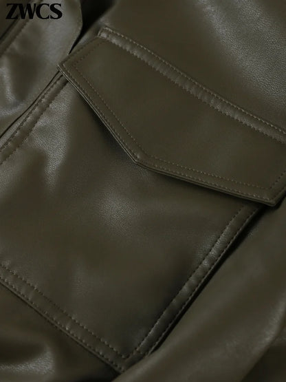 Vintage Zippers Short Leather Jackets Women's Casual Lapel Button Pockets Full Sleeve Coat 2025 Autumn New Lady Chic Streetwear
