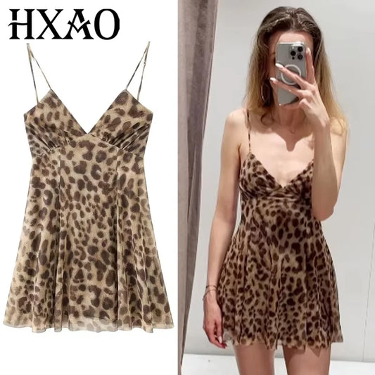 HXAO Womens Leopard Slip Dresses Summer 2025 Mini Tulle Print Backless Dress Vintage Mesh Sleeveless Vestidos Chic Resort Dress