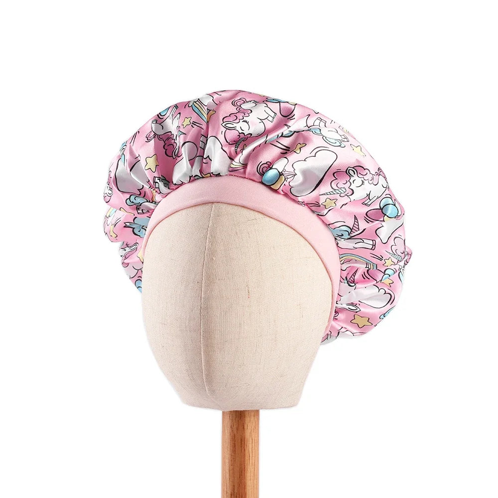 New Baby Unicorn Cartoon Print Satin Night Sleep Cap Elastic Wide Band Bonnet Hair Cover Hat Beanie Salon Bath Spa Shower Caps