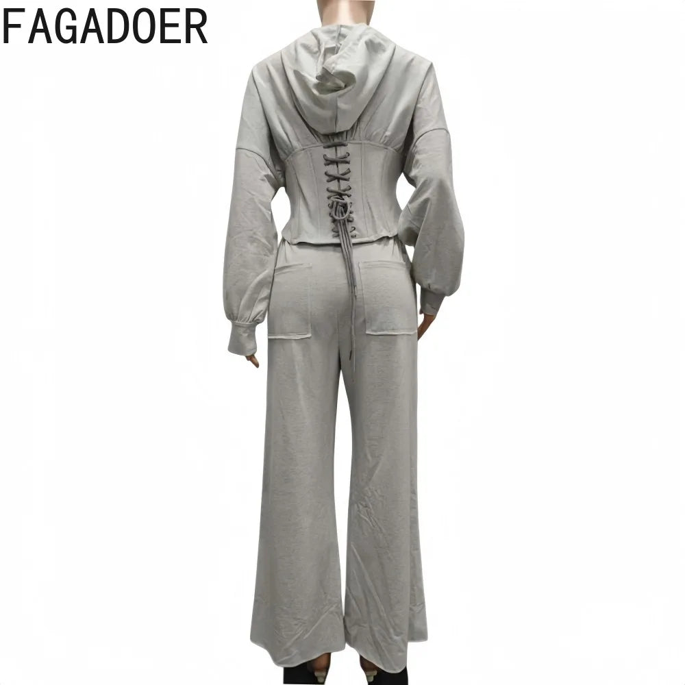 FAGADOER Casual 2 Pieces Set for Woman Outfits Solid Color Bandage Patchwork Hooded Crop Top and Pants Suit Female Streetwear