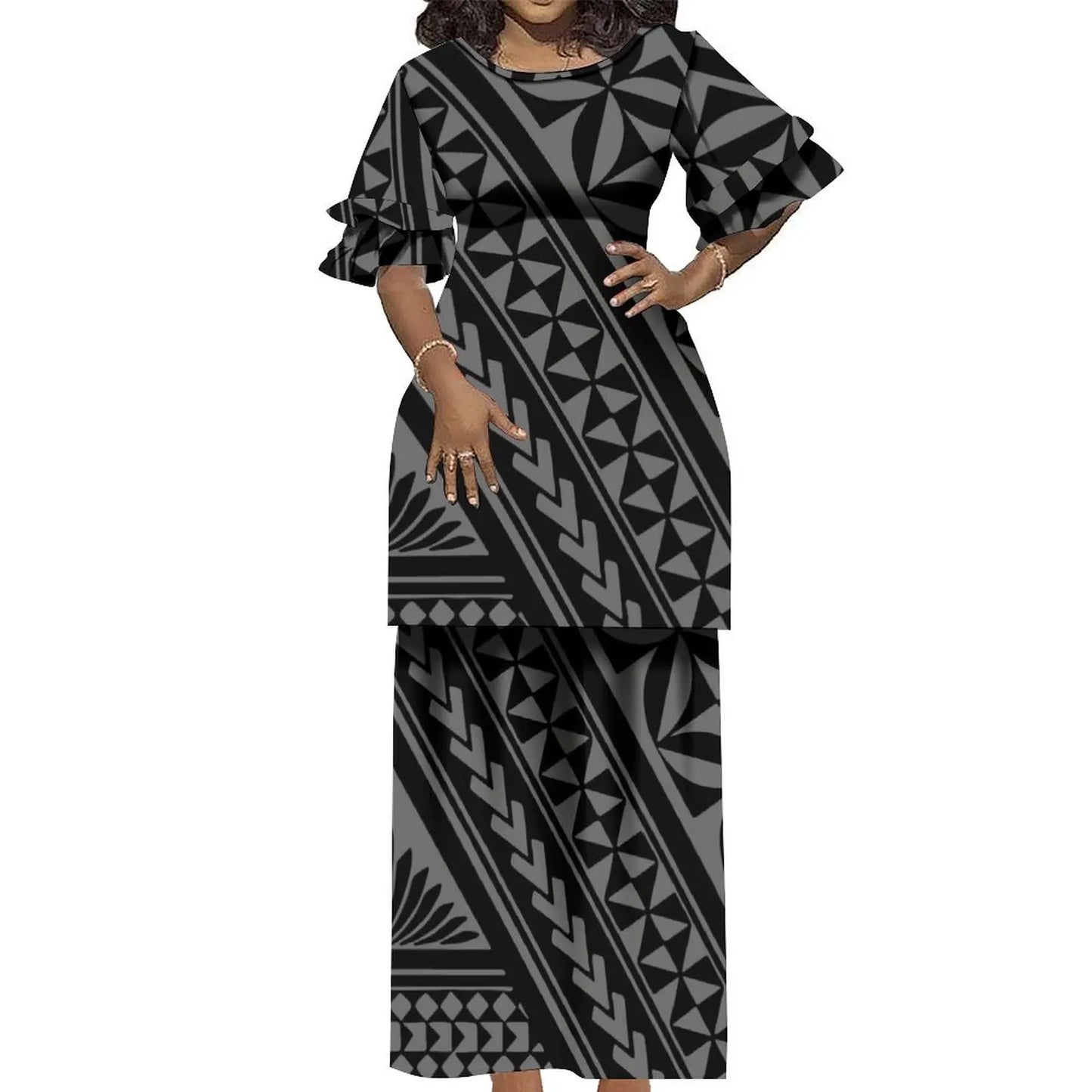 Plus Size Women 2 Piece Outfits Sets Dress New Wholesale Custom Polynesian Tribal Design Petal Sleeve Samoan Puletasi Set