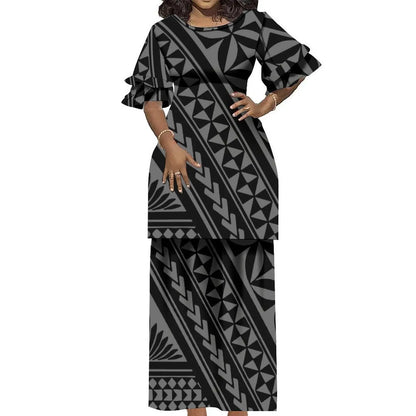 Plus Size Women 2 Piece Outfits Sets Dress New Wholesale Custom Polynesian Tribal Design Petal Sleeve Samoan Puletasi Set