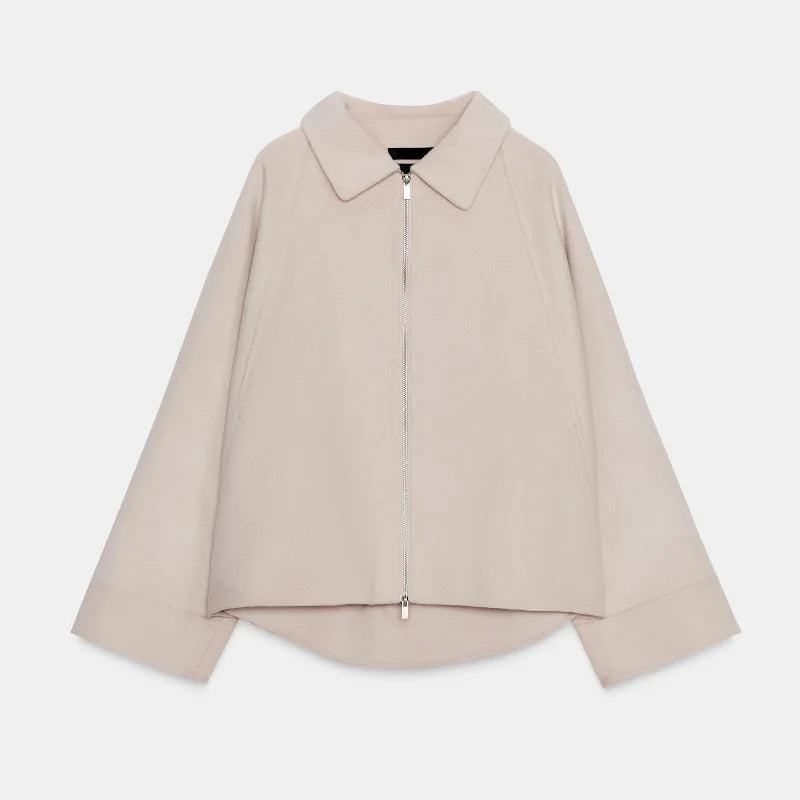 Woolen Zipper Loose Short Jacket Women Long Sleeve Lapel Solid 2025 Autumn Winter Commute Coat Street Office Warm Ladies Outwear