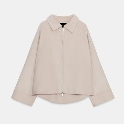 Woolen Zipper Loose Short Jacket Women Long Sleeve Lapel Solid 2025 Autumn Winter Commute Coat Street Office Warm Ladies Outwear