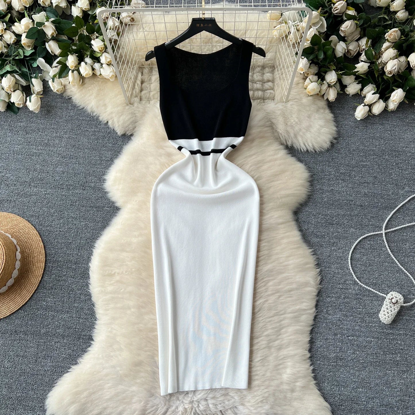 Patchwork Knit Bodycon Dress Women Maxi Dress Elastic Summer Elegant Sleeveless Dress Fashion Dresses