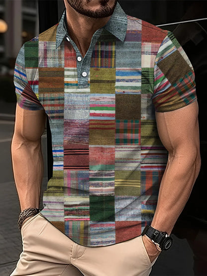 Fashion Elegant Harajuku Slim Fit Ropa Hombre Loose Casual All Match Lattice Men's POLO Shirt Printed Button Short Sleeve Tops