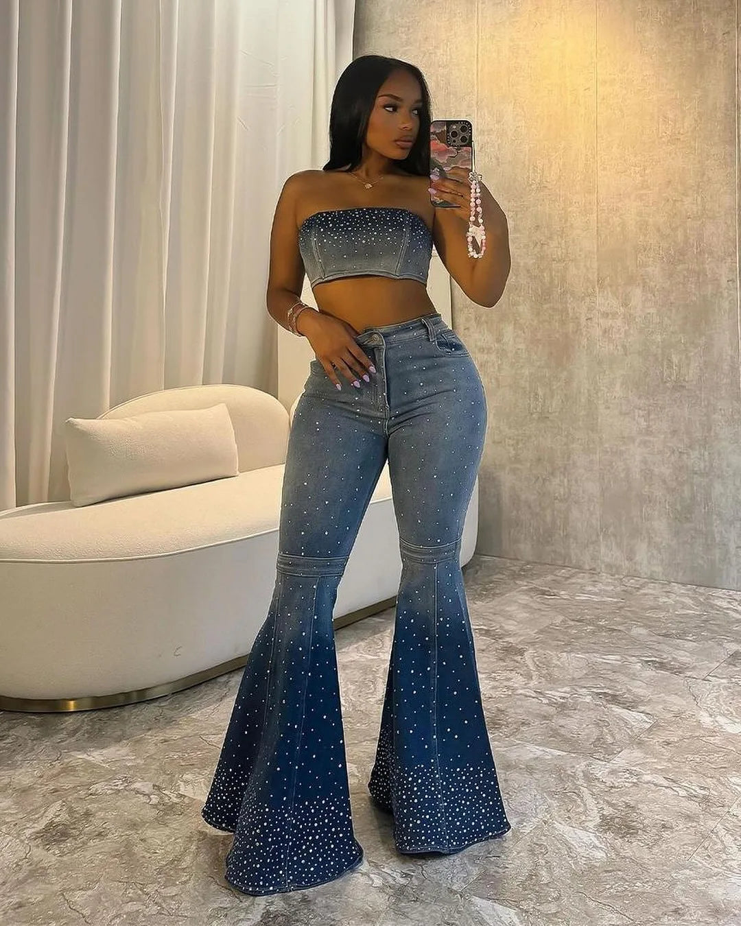 Denim Pant Set Women Two Piece Sets Sexy Matching Sets Sleeveless Short Tops Long Flare Pants High Waist Slim Hot Diamond