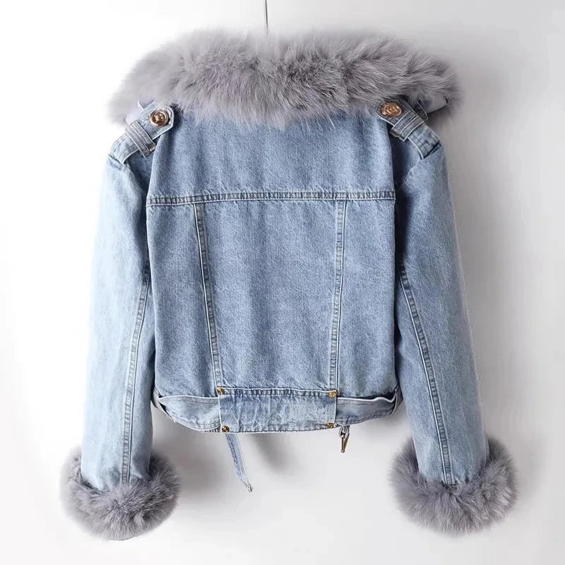 New Women Faux Fox Fur Collar Jean Coat Winter Jacket Female Short Warm Parkas Rabbit Hair Lining Outwear Fashion Overcoat