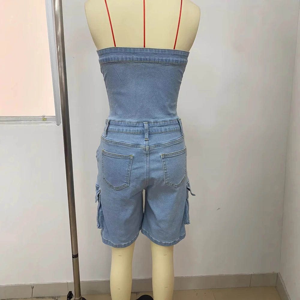 Sexy Strapless Button up Denim Romper Women Short Overalls 2025 Summer Street Casual Sleeveless Cargo Jean Jumpsuit with Pockets