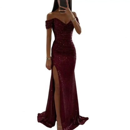 2025 Elegant Off-shoulder Gown Dress V-Neck Sequin Pleated Short Sleeve Waist Tight Maxi Dress Split Evening Party Prom Dress