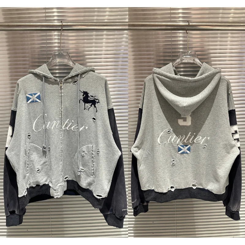 Project G/R Patchwork Fake Two-piece Zipper Jacket High-quality Casual Men's Women's  Embroidered Zip Up Sweatshirts