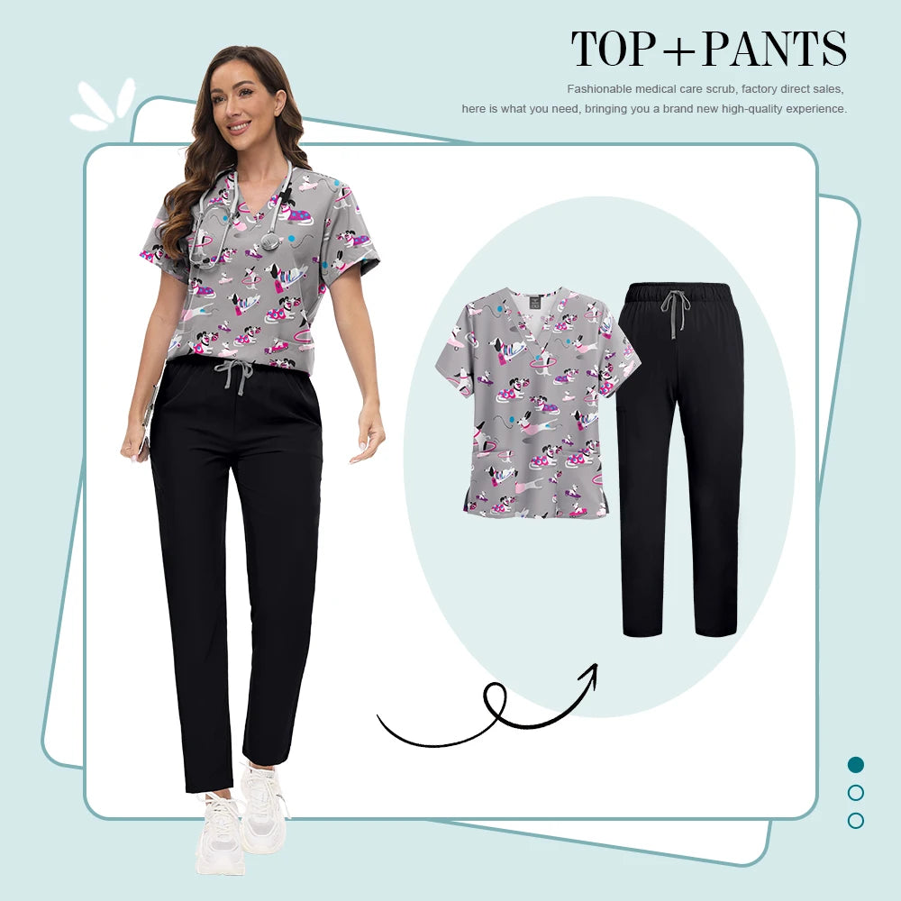 Scrubs Uniforms Sets High-quality Medical Scrub Multicolor Animal Printed Women Scrub Tops Medical Scrubs Uniform Nurse Lab Wear