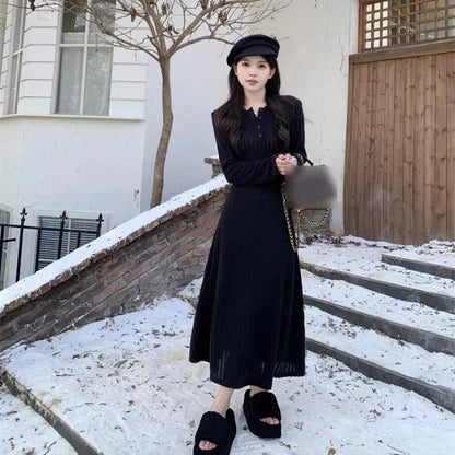 French Style Long Sleeve Knitted Dress Vintage Waist Cinching A- Line Skirt Women Autumn Winter New Arrival Slimming Inner Wear