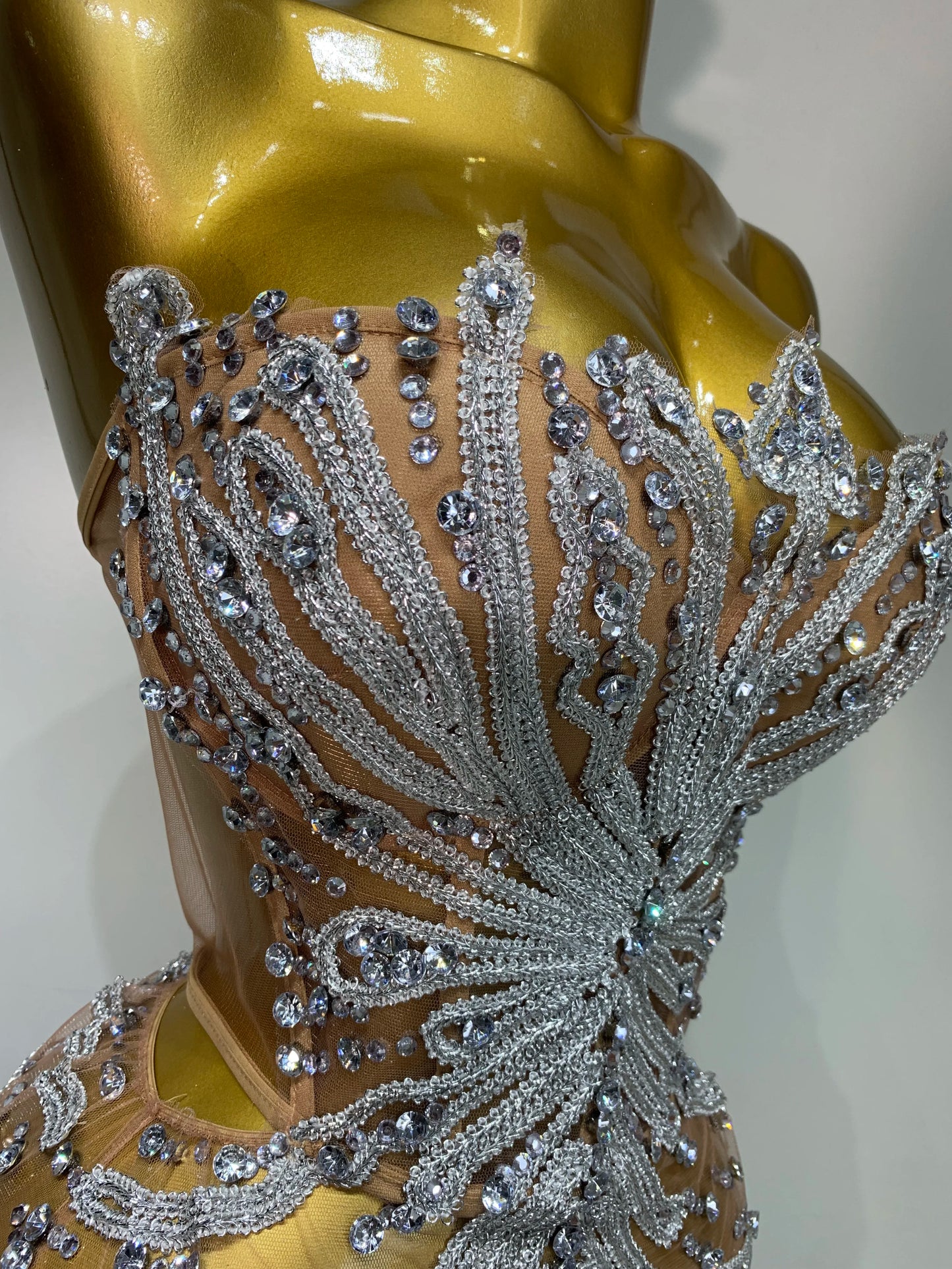 Women Sexy Strapless Rhinestones  Mini Dress Performance Costume See Through Stage Dancer Club Evening Party Birthday Dress