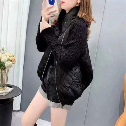 Stand Collar Sweater Sleeve Splicing Down Cotton Jacket Women Autumn Winter Warm Down Cotton Parkas 2025 New Female Fashion Coat