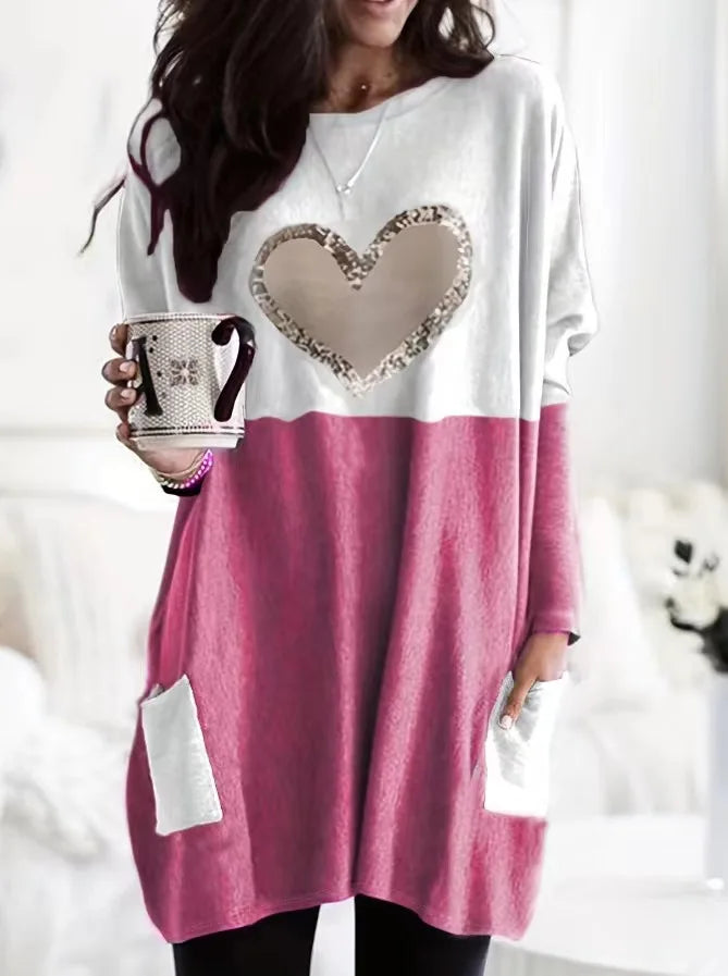 2024 Plus Size Europe And The United States Autumn Love Printed Round Neck Loose Color Contrast Long Sleeve T-Shirt Women