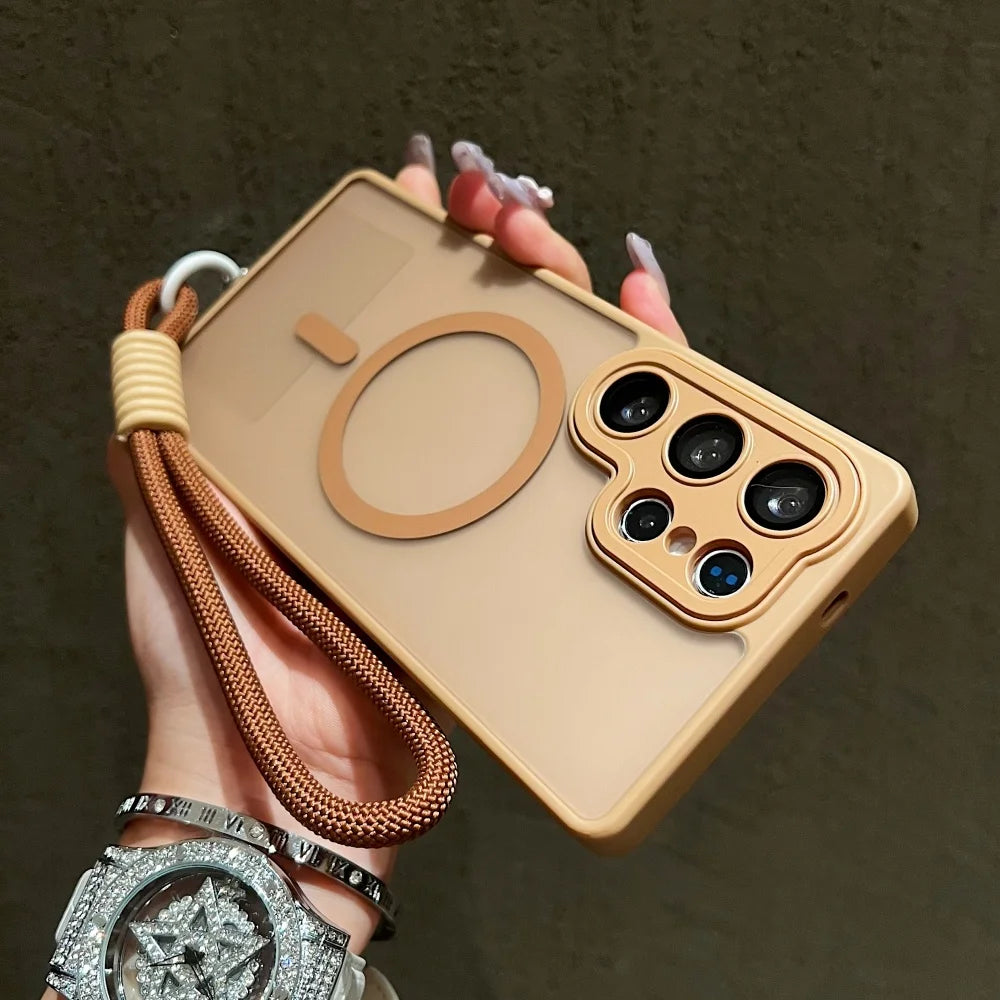 Wrist Strap Cord Magnetic Matte Translucent Armor Case For Samsung S25 Ultra S24 FE S23 Plus For Magsafe Wireless Charge Cover