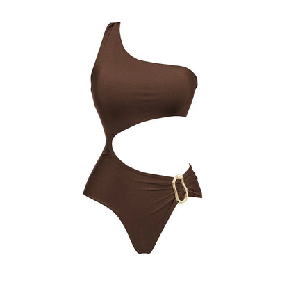 Cut Out Swimsuit Sexy Women Swimwear Female Bikini Shiny Biquini One Shoulder Swimming Suit Button Bodysuit Bathsuit Beachwear