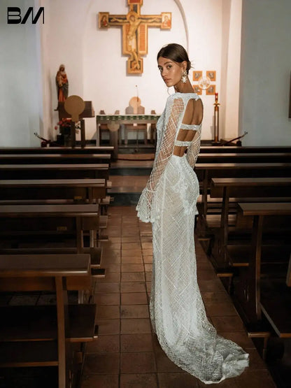 Shimmering Pearls Straight Wedding Dress Elegant Sexy Buttons Back Big Day Women Wear Customized Luxurious Church Bridal Gown